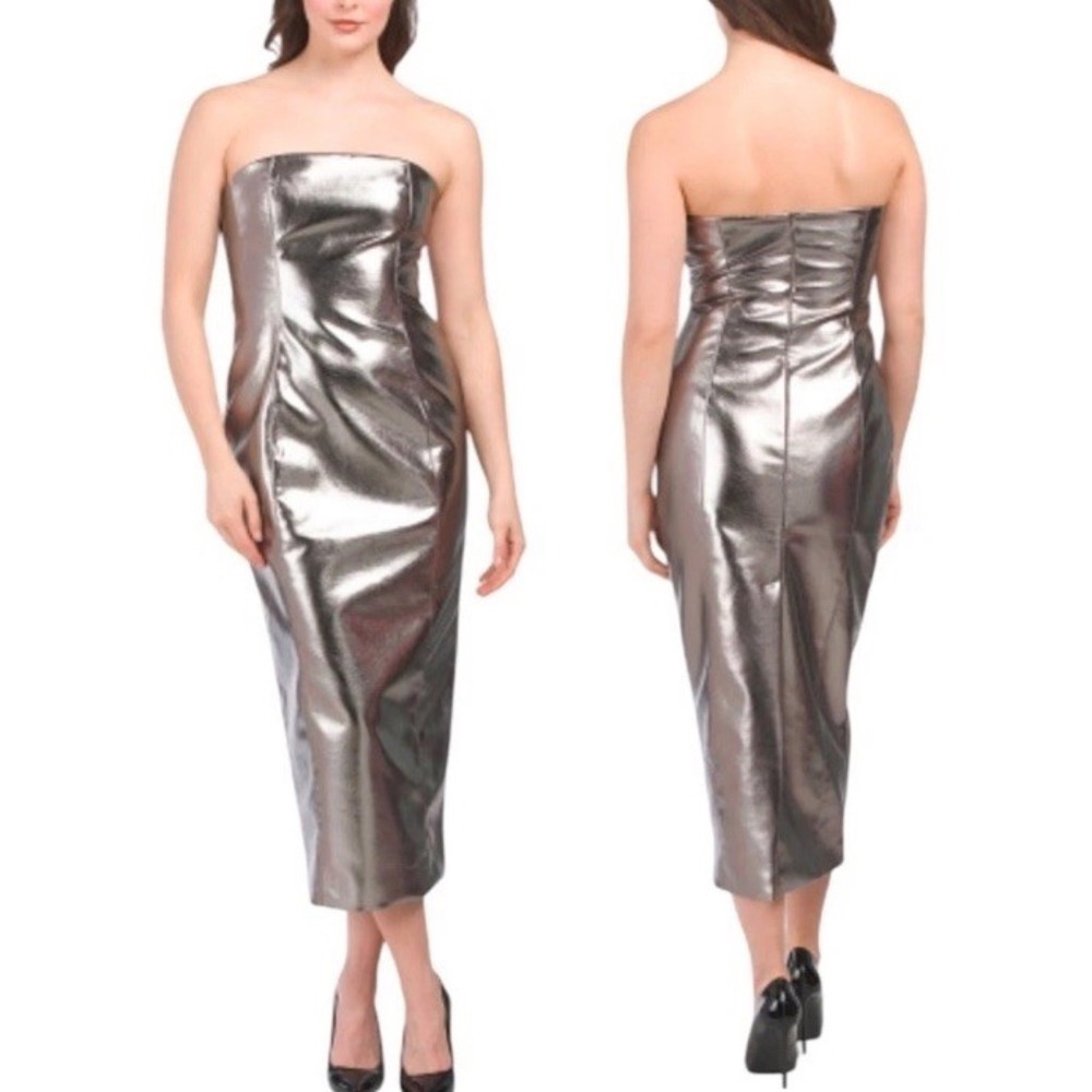 NWT $495 7 For All Mankind Metallic Silver Faux Leather Strapless Midi Dress XS
